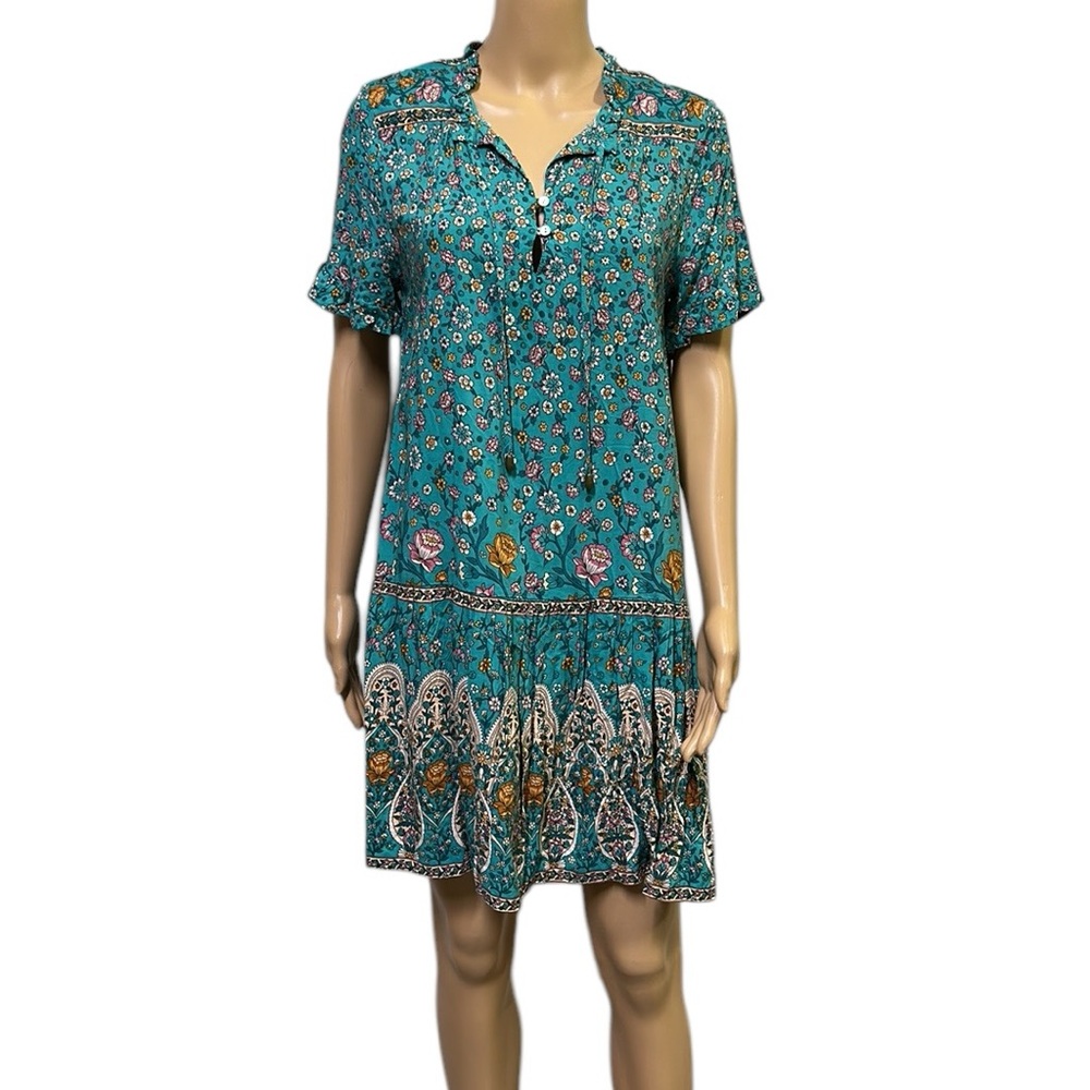 Sunday Up Teal Floral Short Sleeve Half Button Tie Neckline Dress Womens Medium